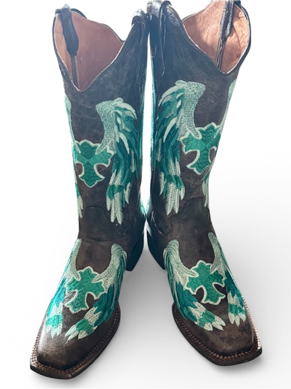 Embroidered Teal Wing Brown Leather Cowboy Boots